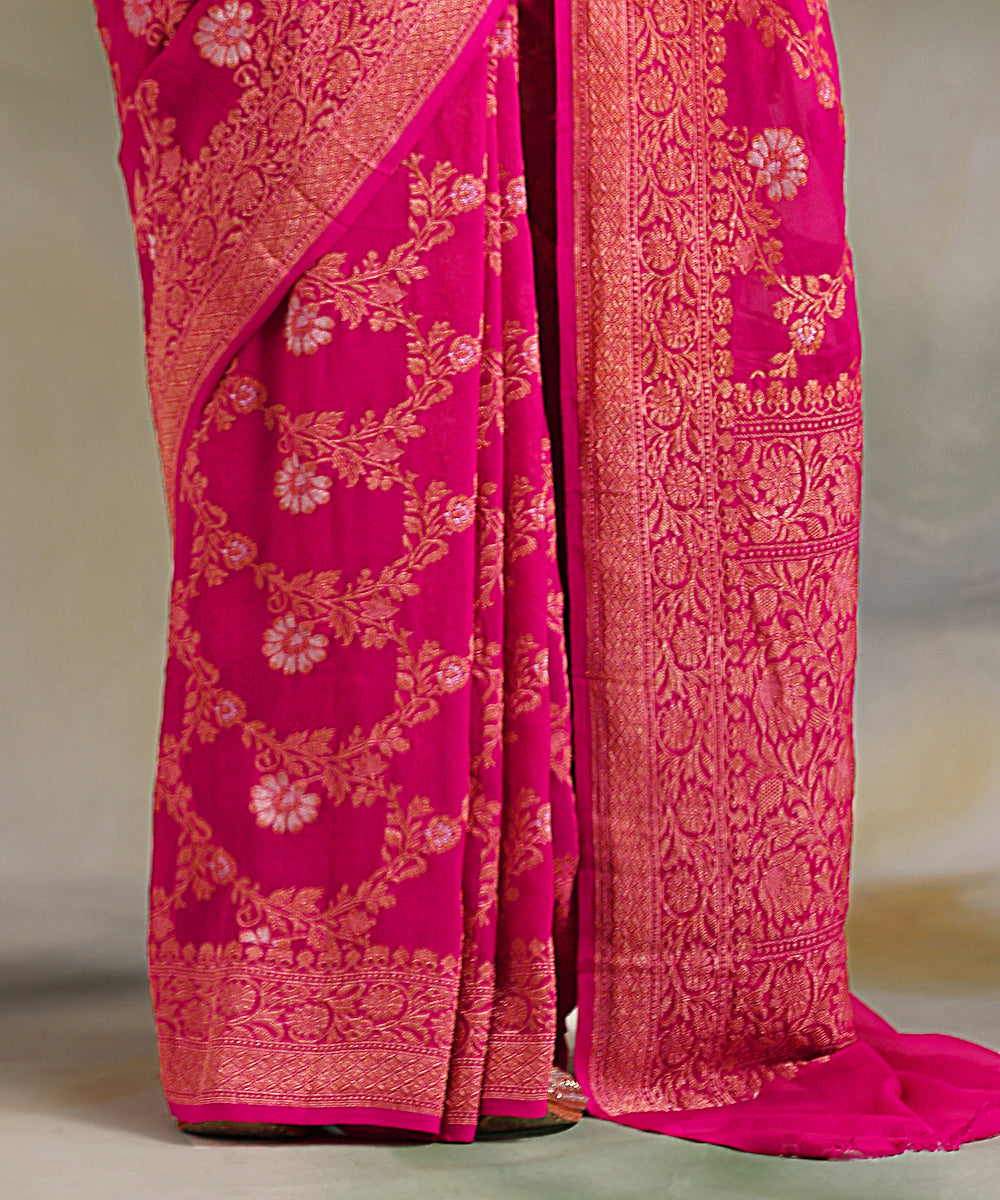 Hot Pink Handloom Pure Georgette Banarasi Saree With Kadhwa Jangla