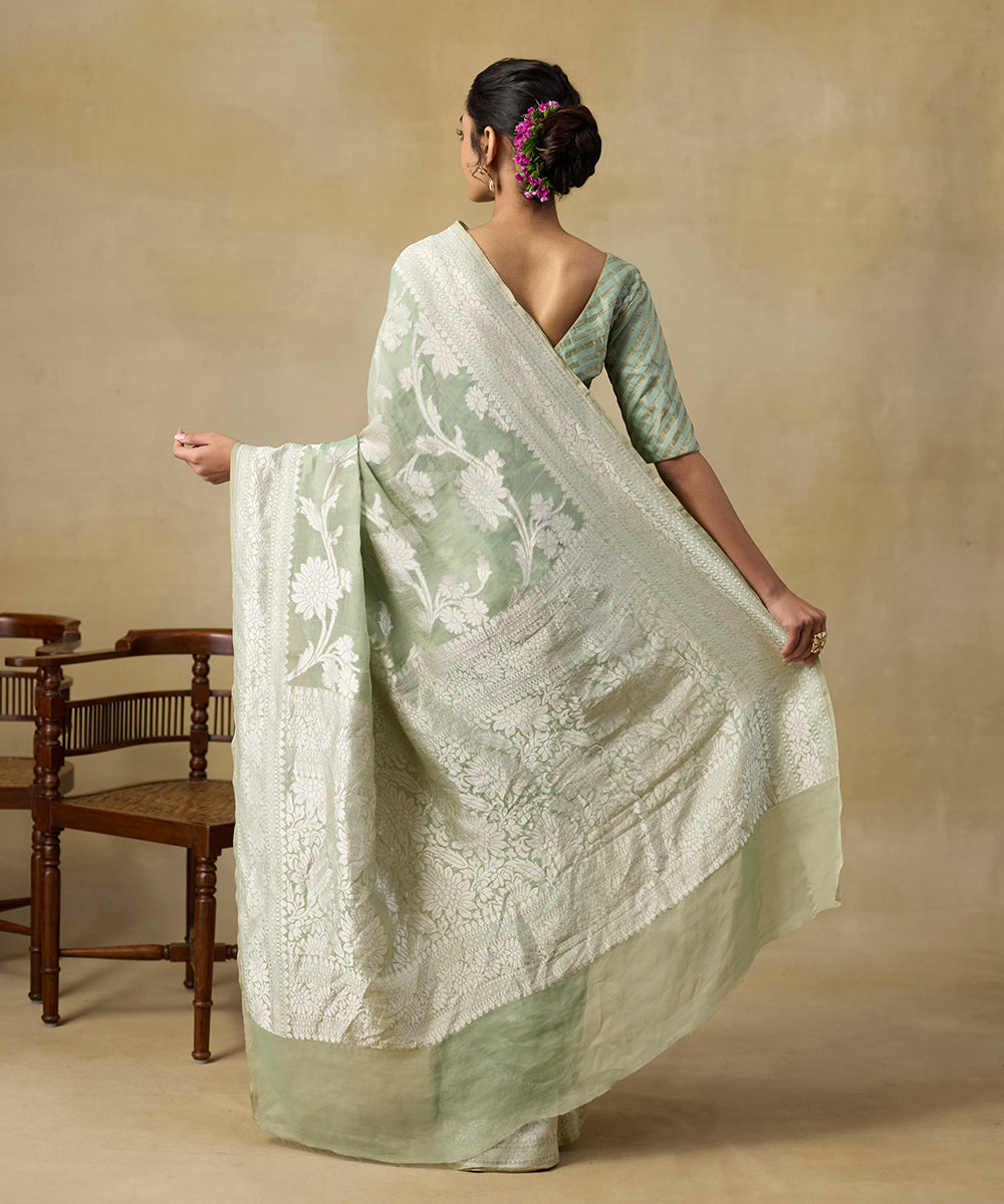 Handloom_Pista_Green_Pure_Tissue_Georgette_Banarasi_Saree_With_Floral_Jaal_WeaverStory_03