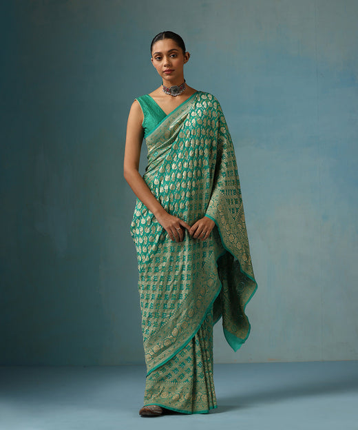 Aqua Green Handloom Pure Georgette Banarasi Bandhej Saree With Floral Border