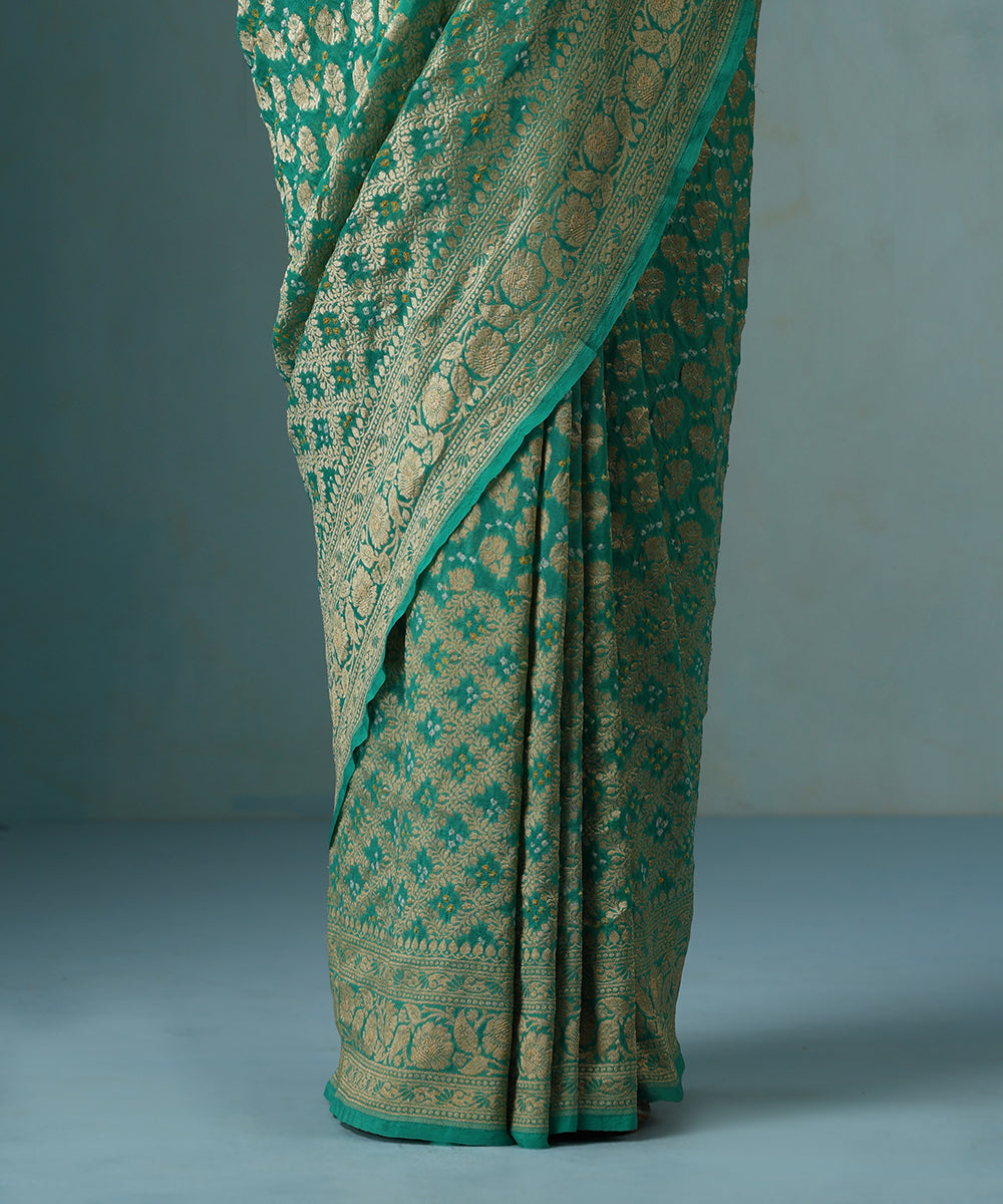 Aqua_Green_Handloom_Pure_Georgette_Banarasi_Bandhej_Saree_With_Floral_Border_WeaverStory_04