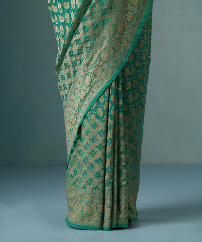 Aqua_Green_Handloom_Pure_Georgette_Banarasi_Bandhej_Saree_With_Floral_Border_WeaverStory_04