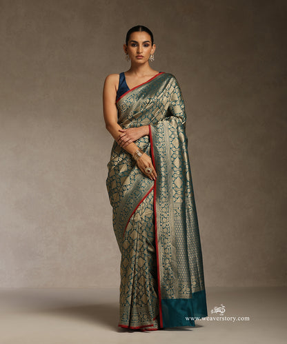 Teal_Blue_Handloom_Gold_Zari_Katan_Silk_Kimkhab_Banarasi_Brocade_Saree_With_Red_Selvedge_And_Paisley_Border_WeaverStory_01