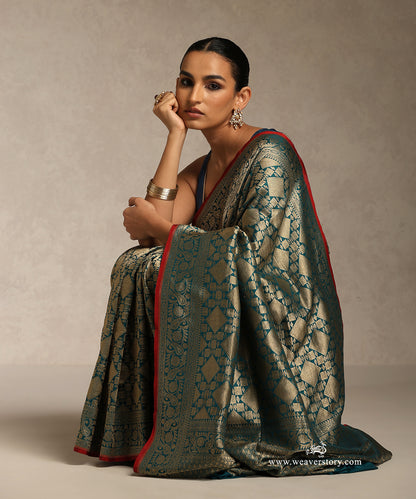 Teal_Blue_Handloom_Gold_Zari_Katan_Silk_Kimkhab_Banarasi_Brocade_Saree_With_Red_Selvedge_And_Paisley_Border_WeaverStory_02