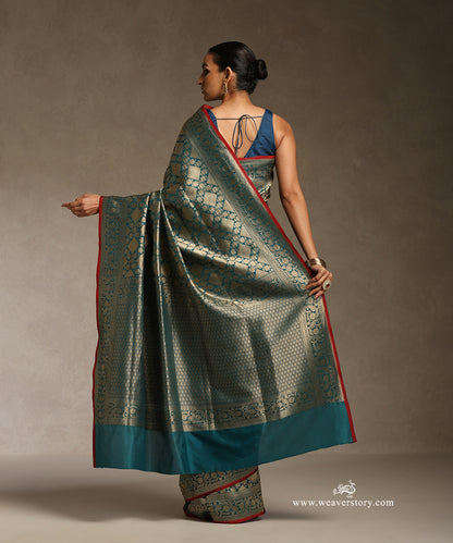 Teal_Blue_Handloom_Gold_Zari_Katan_Silk_Kimkhab_Banarasi_Brocade_Saree_With_Red_Selvedge_And_Paisley_Border_WeaverStory_03