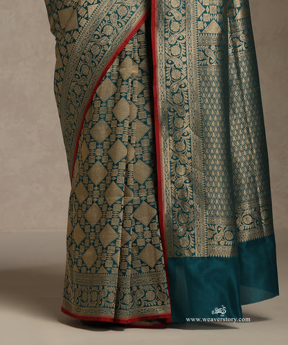 Teal_Blue_Handloom_Gold_Zari_Katan_Silk_Kimkhab_Banarasi_Brocade_Saree_With_Red_Selvedge_And_Paisley_Border_WeaverStory_04