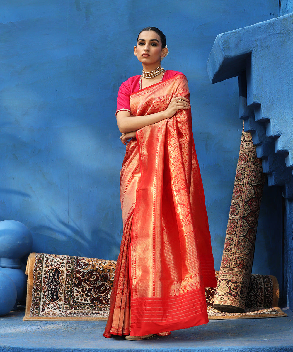 Red Handloom Pure Katan Silk Kimkhab Banarasi Saree With Board Zari Border