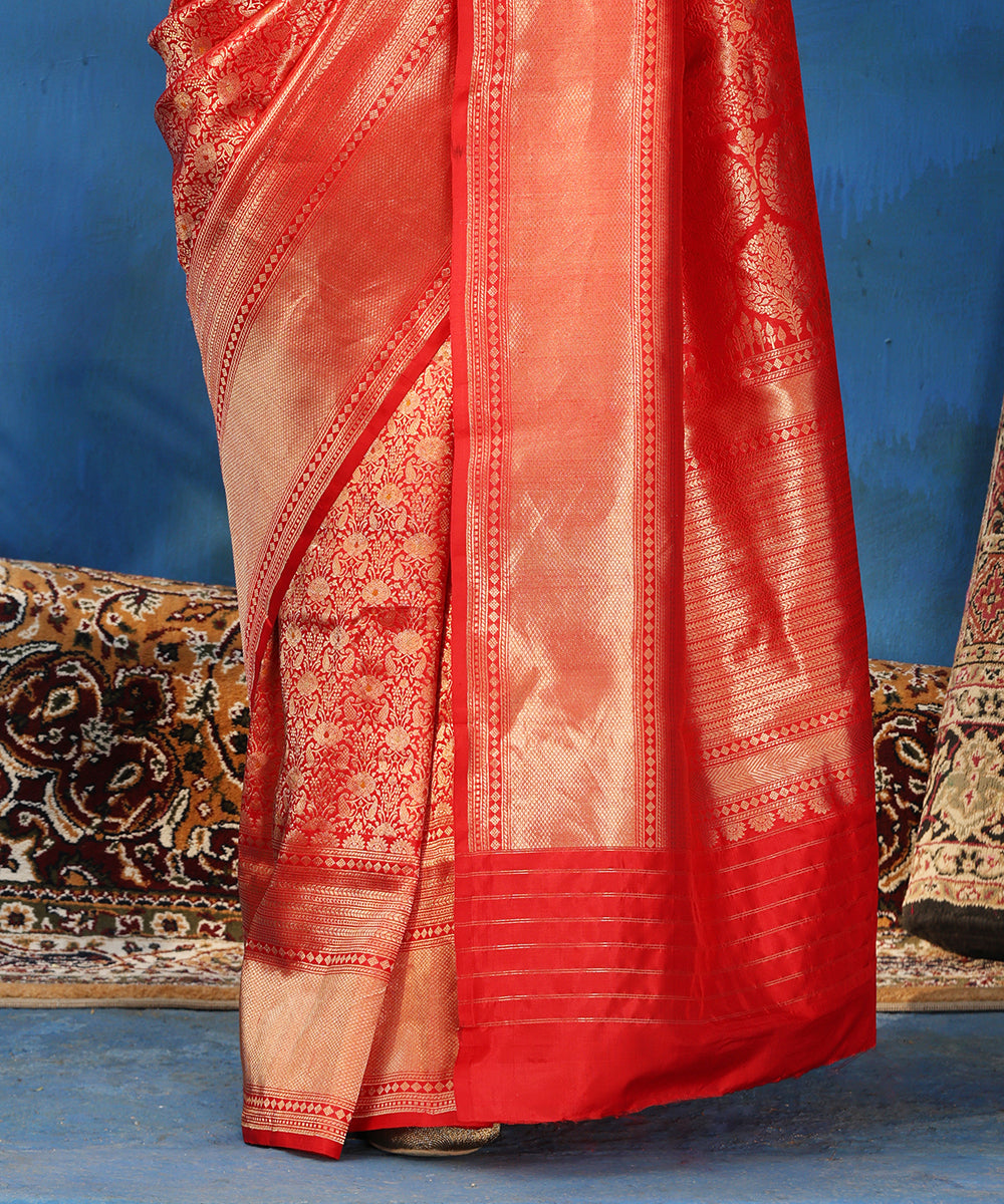 Red Handloom Pure Katan Silk Kimkhab Banarasi Saree With Board Zari Border