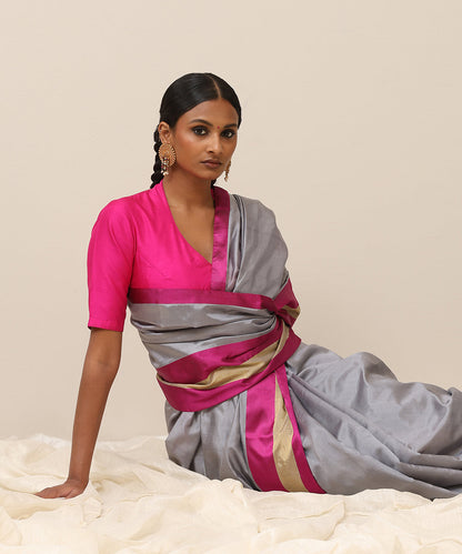 Steel_Grey_Handloom_Plain_Pure_Chanderi_Silk_Saree_With_Mashroo_Border_WeaverStory_01