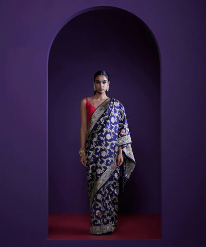 Handloom_Royal_Blue_Pure_Chanderi_Silk_Saree_With_Gold_And_Silver_Zari_Bird_Motif_WeaverStory_02