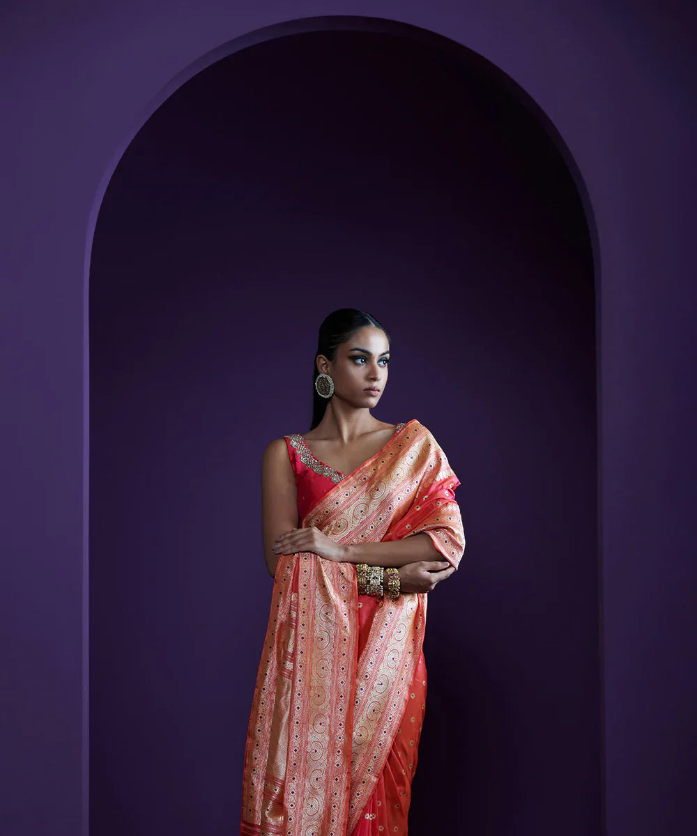 Orange_Handloom_Pure_Chanderi_Silk_Saree_With_Nakshi_Border_WeaverStory_01