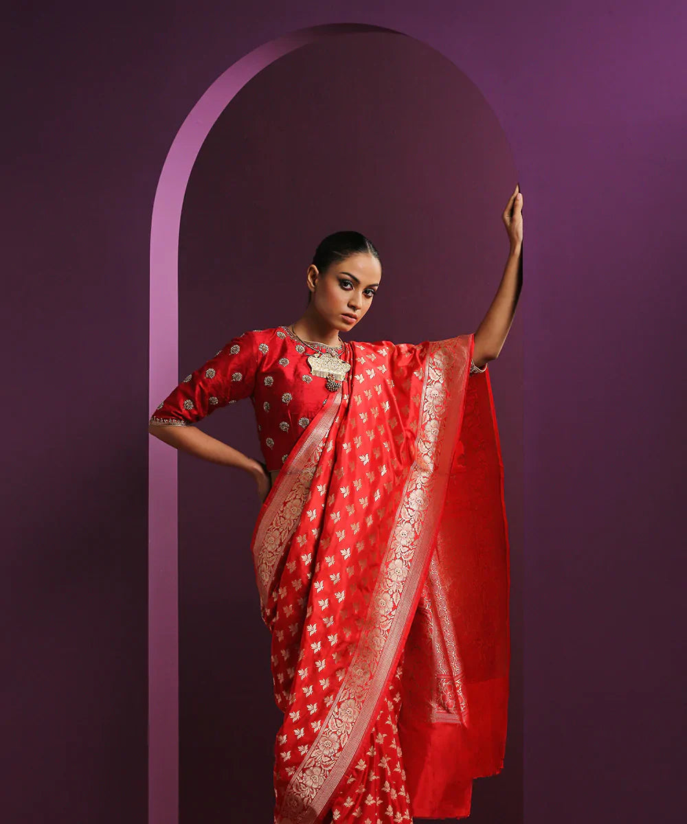 Handloom_Red_Pure_Katan_Silk_Banarasi_Saree_With_Cutwork_Booti_WeaverStory_01