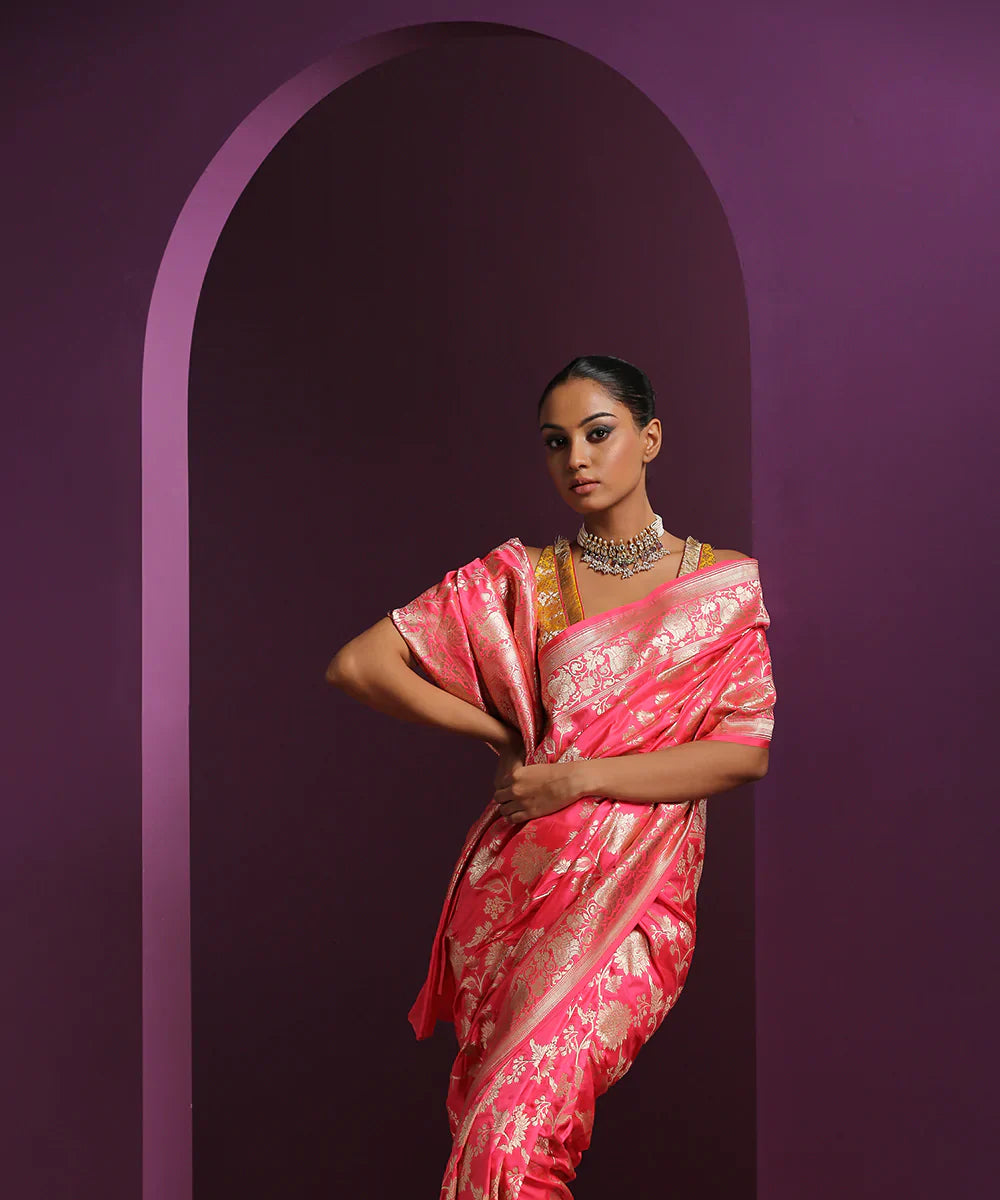 Hot_Pink_Handloom_Pure_Katan_Silk_Banarasi_Saree_With_Big_Floral_Jaal_WeaverStory_01