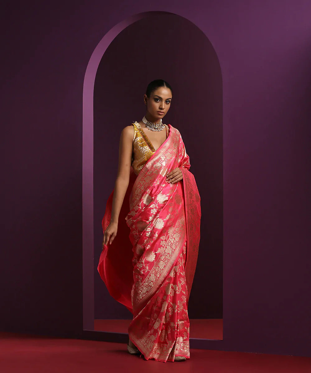 Hot_Pink_Handloom_Pure_Katan_Silk_Banarasi_Saree_With_Big_Floral_Jaal_WeaverStory_02