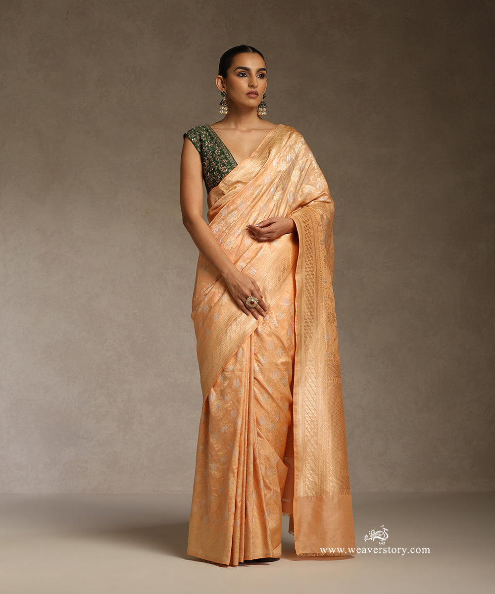 Orange_Peach_Handloom_Katan_Silk_Floral_Sona_Rupa_Cutwork_Jaal_Banarasi_Saree_WeaverStory_01