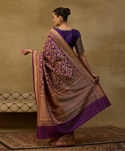 Handloom Purple Pure Katan Silk Banarasi Saree With Floral Cutwork Booti