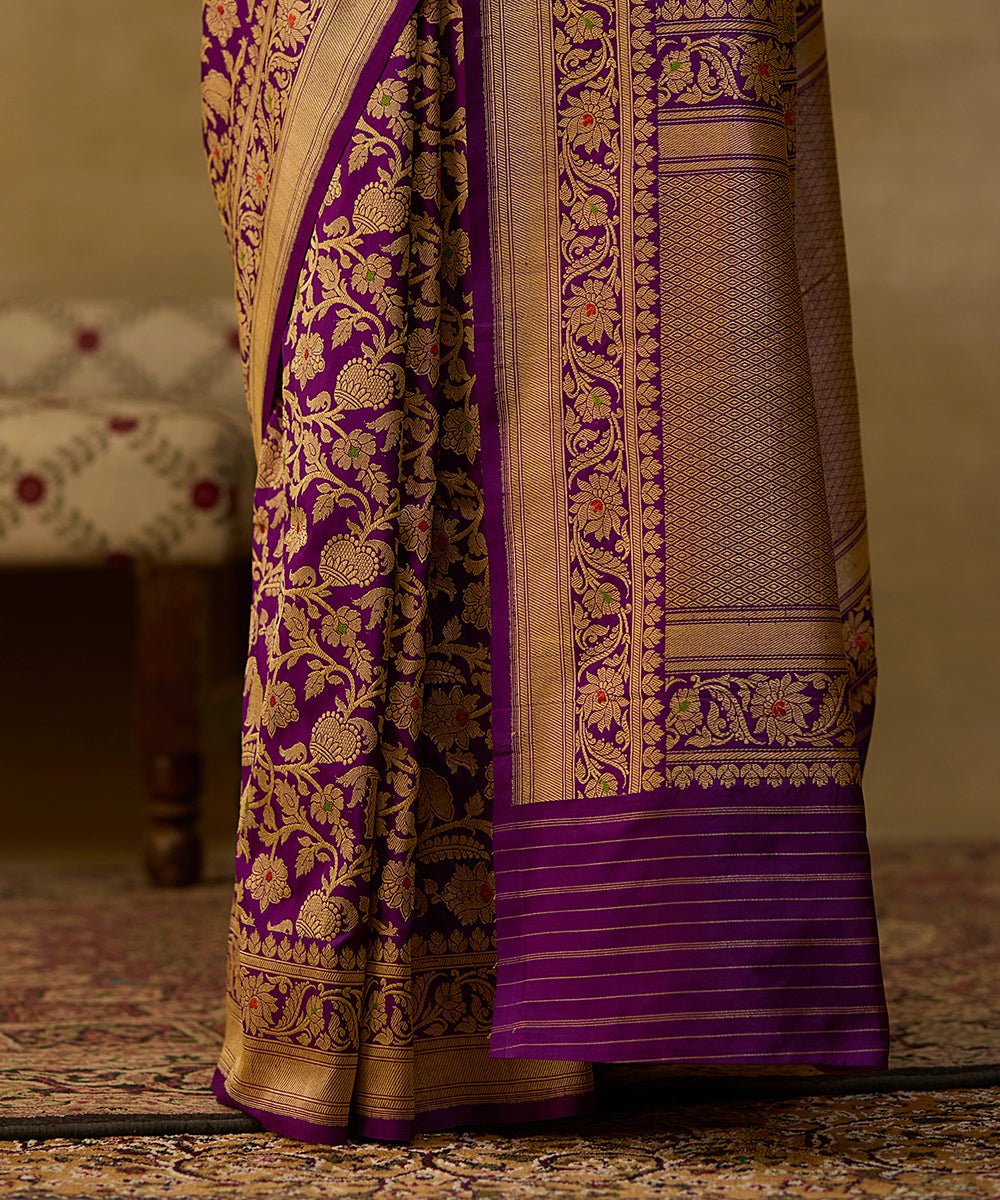 Handloom Purple Pure Katan Silk Banarasi Saree With Floral Cutwork Booti