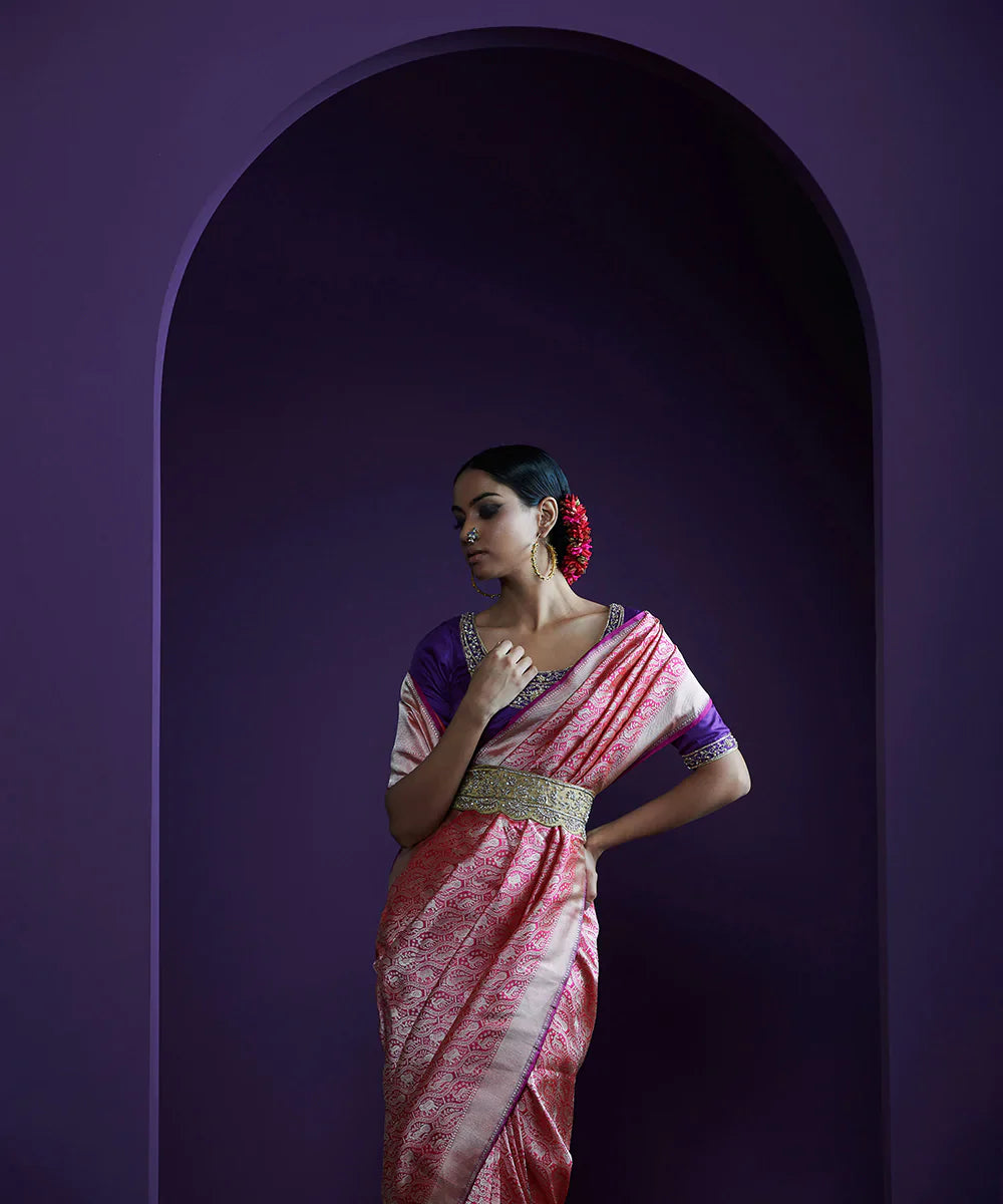 Handloom_Magenta_Pure_Chanderi_Silk_Saree_With_Nakshi_Border_And_Anardana_Booti_WeaverStory_01