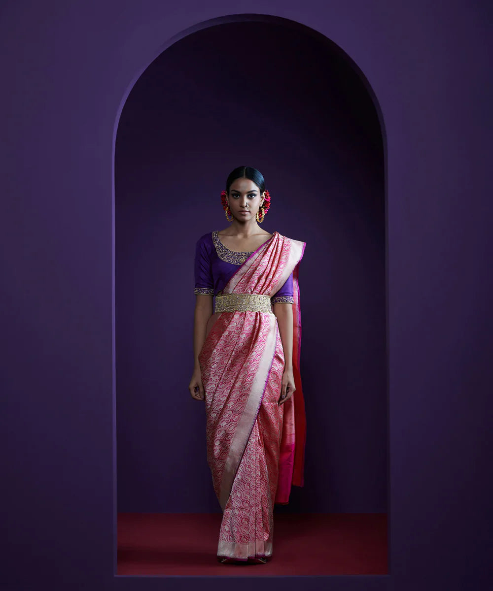 Handloom_Magenta_Pure_Chanderi_Silk_Saree_With_Nakshi_Border_And_Anardana_Booti_WeaverStory_02