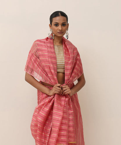 Pink_And_Gold_Handloom_Pure_Chanderi_Saree_With_Overall_Stripes_WeaverStory_02