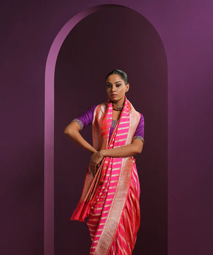 Handloom_Hot_Pink_Pure_Katan_Silk_Banarasi_Saree_With_Diagonal_Zari_Bel_WeaverStory_01