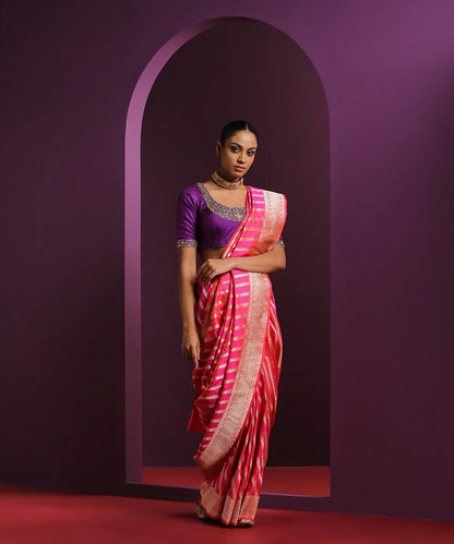 Handloom_Hot_Pink_Pure_Katan_Silk_Banarasi_Saree_With_Diagonal_Zari_Bel_WeaverStory_02