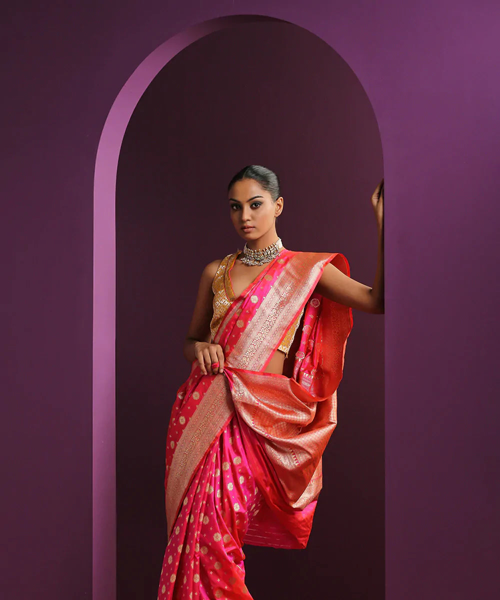 Hot_Pink_Handloom_Pure_Katan_Silk_Banarasi_Saree_With_Traditional_Booti_WeaverStory_01