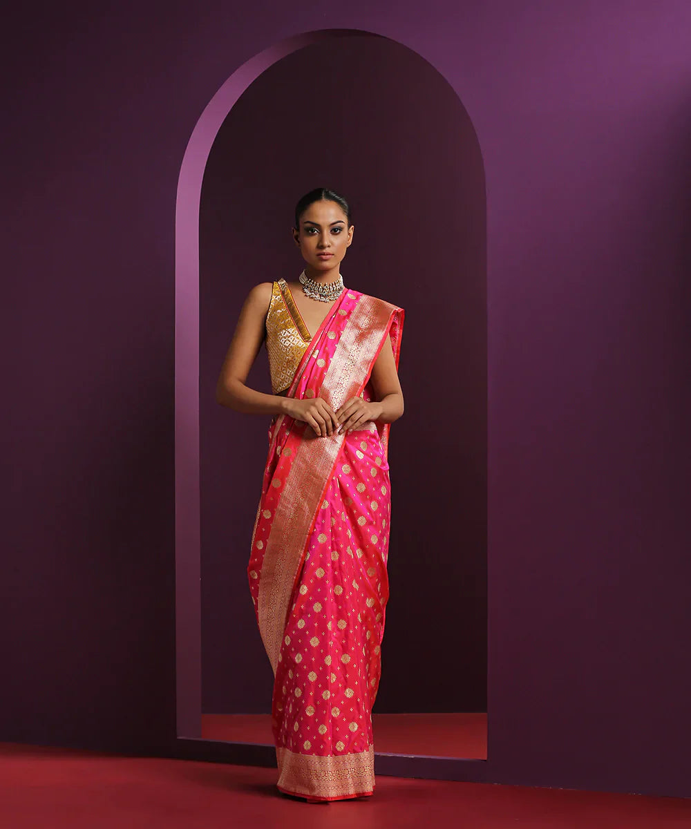 Hot_Pink_Handloom_Pure_Katan_Silk_Banarasi_Saree_With_Traditional_Booti_WeaverStory_02