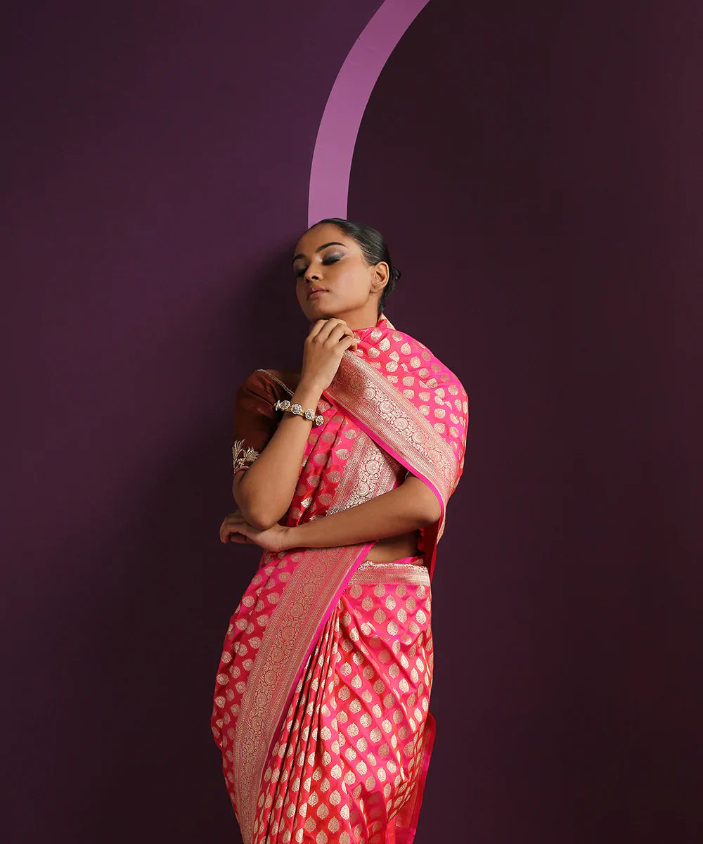 Hot_Pink_Handloom_Pure_Katan_Silk_Banarasi_Saree_With_Mughal_Booti_WeaverStory_01