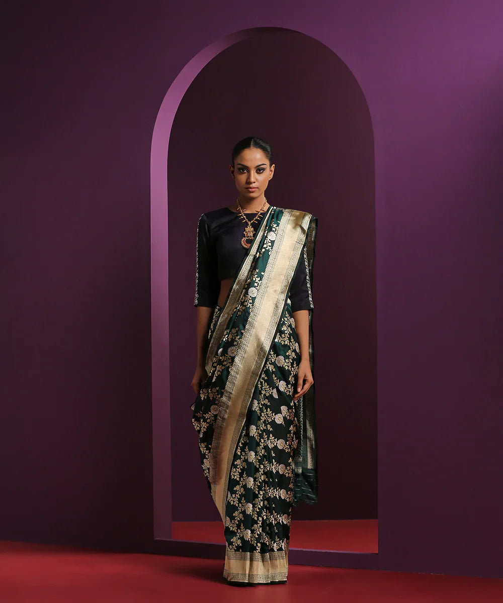 Bottle_Green_Handloom_Pure_Katan_Silk_Banarasi_Saree_With_Gold_And_Silver_Zari_Jaal_WeaverStory_02