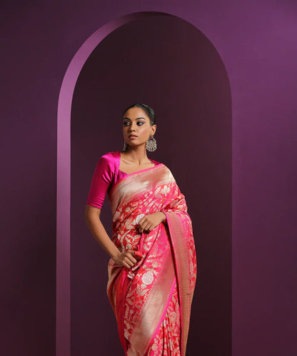 Handloom_Hot_Pink_Pure_Katan_Silk_Banarasi_Saree_With_Gold_And_Silver_Zari_Jaal_WeaverStory_01