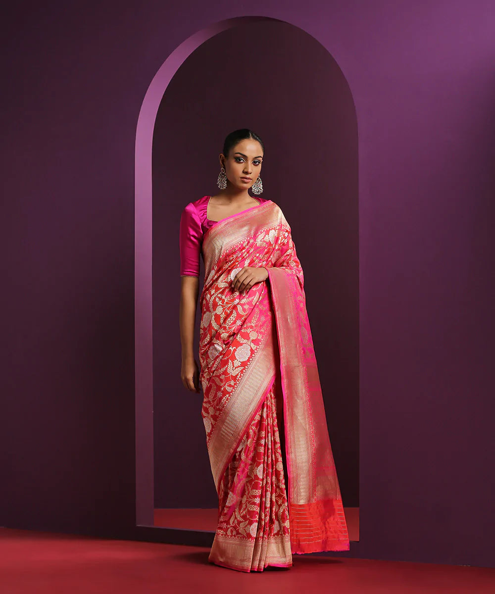 Handloom_Hot_Pink_Pure_Katan_Silk_Banarasi_Saree_With_Gold_And_Silver_Zari_Jaal_WeaverStory_02