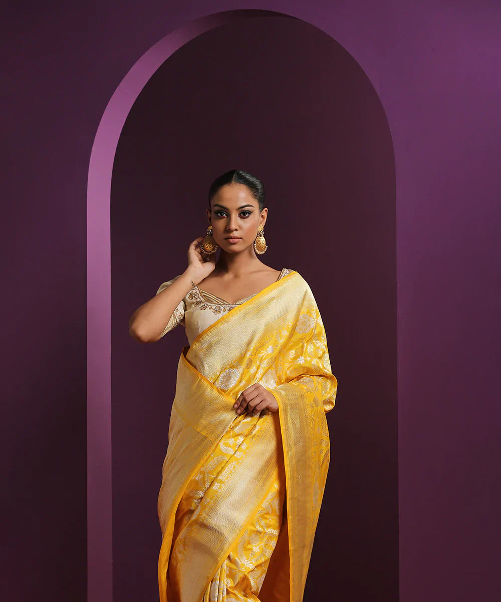 Yellow_Handloom_Pure_Katan_Silk_Banarasi_Saree_With_Gold_And_Silver_Zari_Jaal_WeaverStory_01