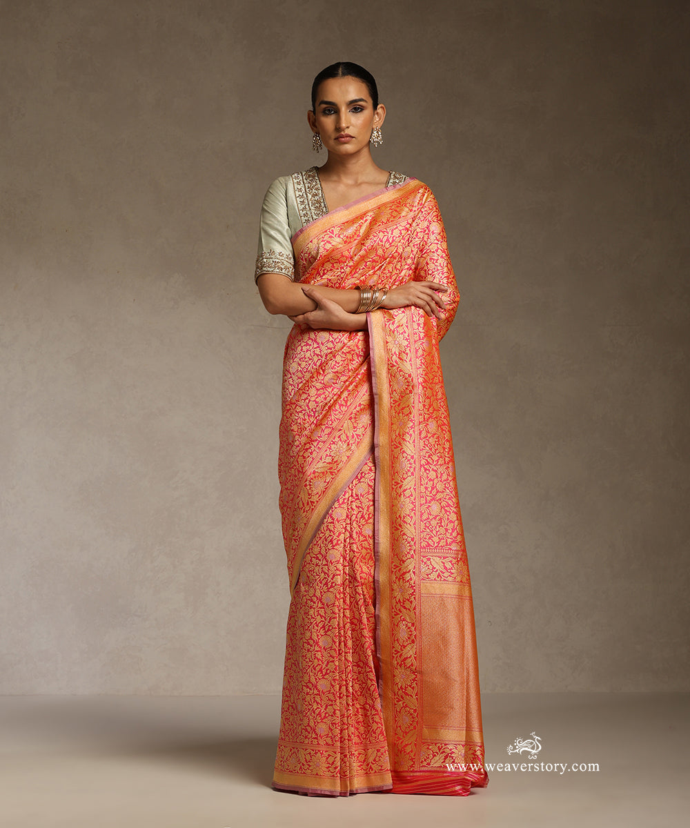 Neon_Pink_Handloom_Double_Shade_Pure_Katan_Silk_Banarasi_Floral_Kimkhab_Kadhwa_Saree_With_Silver_Meena_Booti_WeaverStory_01