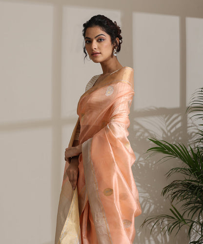 Handloom_Peach_Pure_Chanderi_Silk_Saree_With_Meenakari_Booti_And_Tissue_Border_WeaverStory01