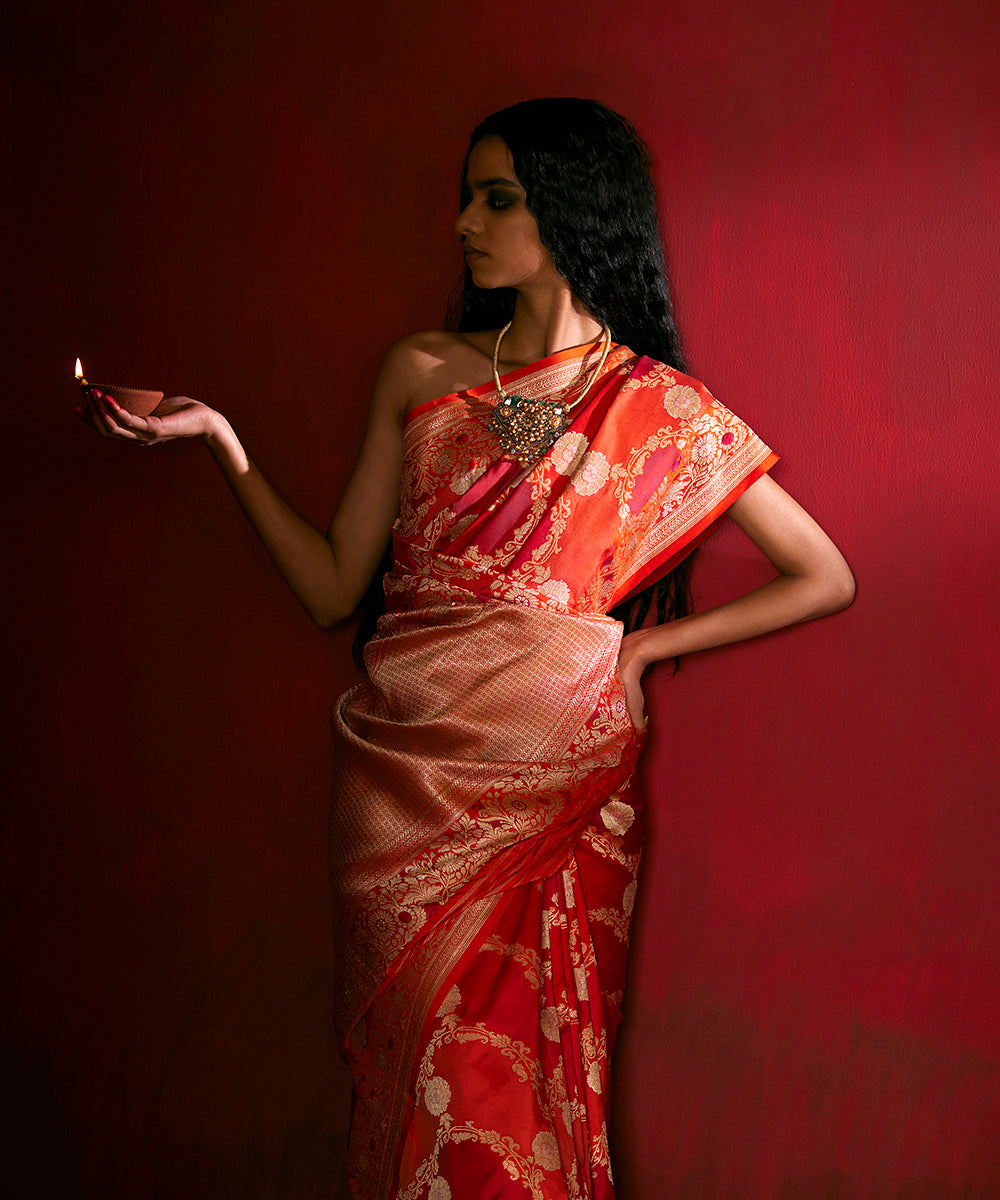 Pink And Orange Dual Tone Pure Katan Silk Rangkaat Banarasi Saree