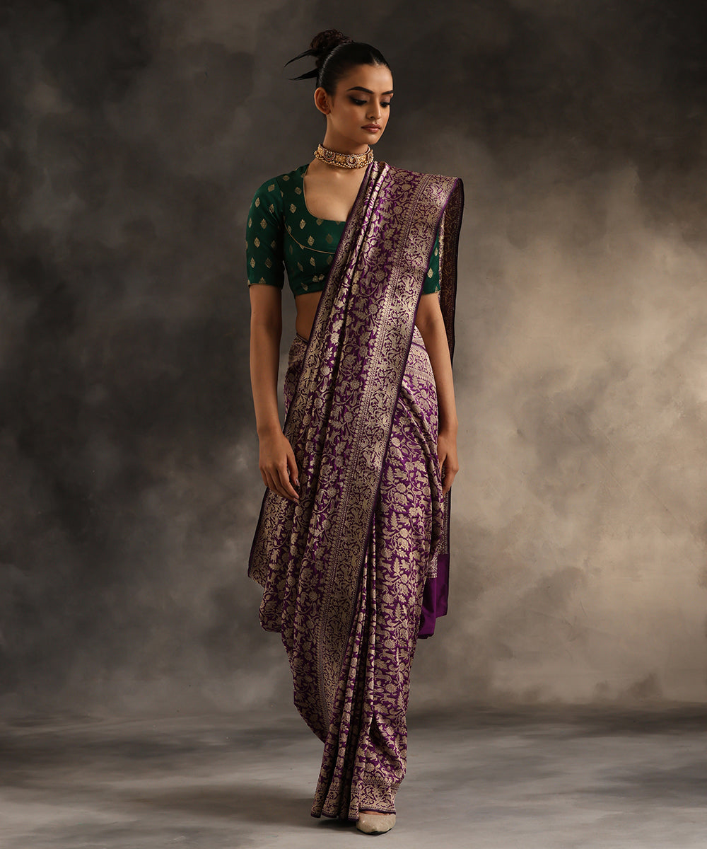 Handloom Purple Pure Katan Silk Shikargah Banarasi Saree