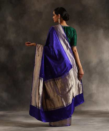 Handloom Ink Blue Pure Satin Silk Banarasi Saree With Border