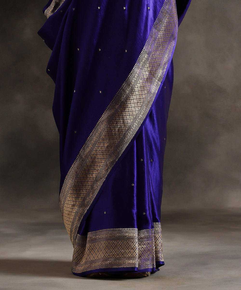 Handloom Ink Blue Pure Satin Silk Banarasi Saree With Border