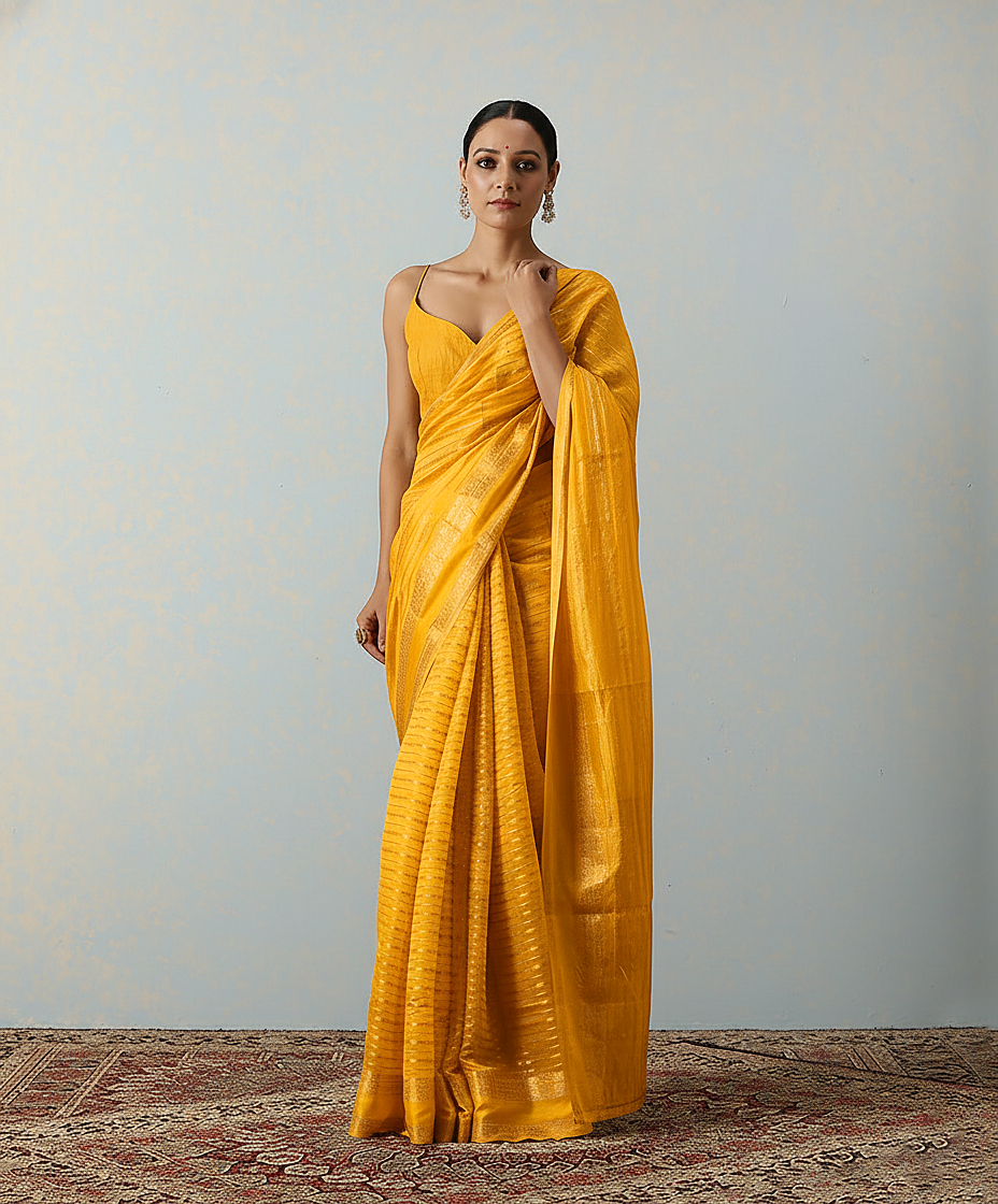 Handloom Yellow Katan Silk  Banarasi Saree With Horizontal Stripes