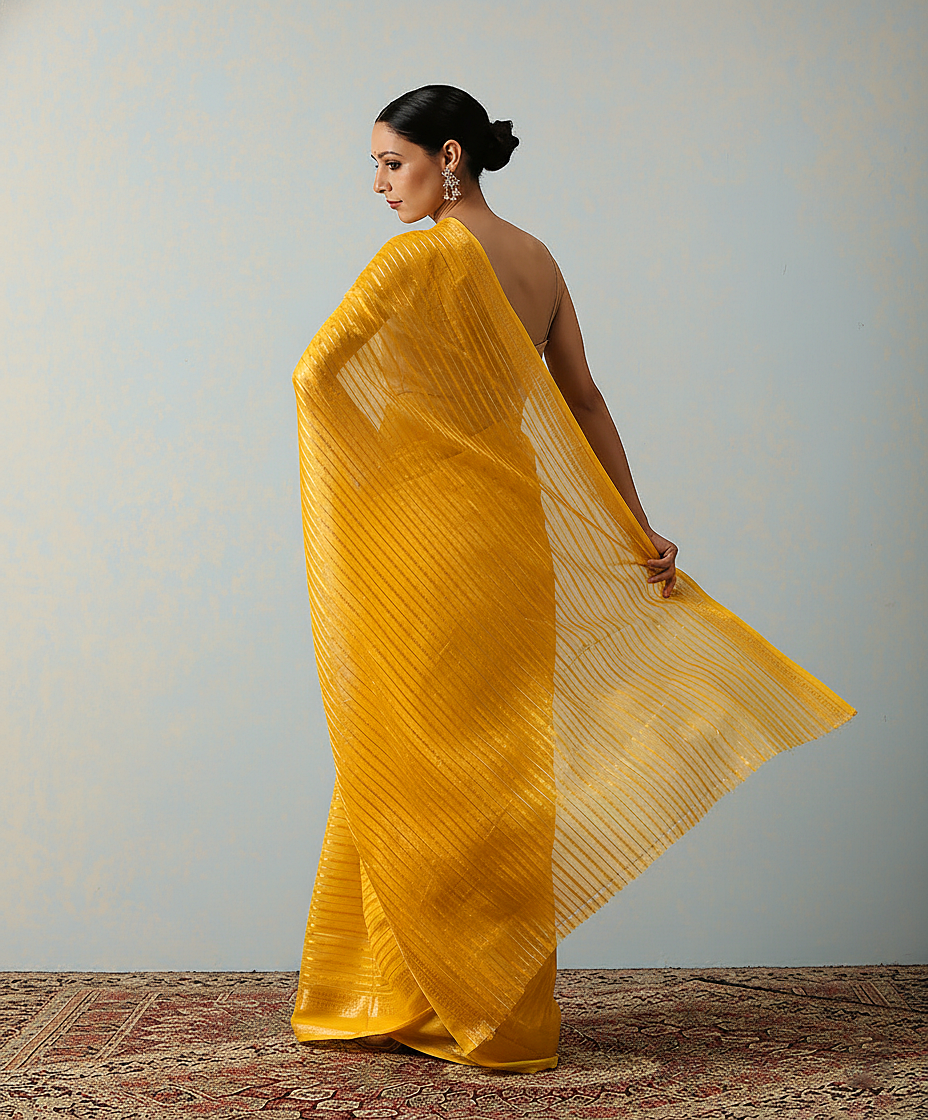 Handloom Yellow Katan Silk  Banarasi Saree With Horizontal Stripes