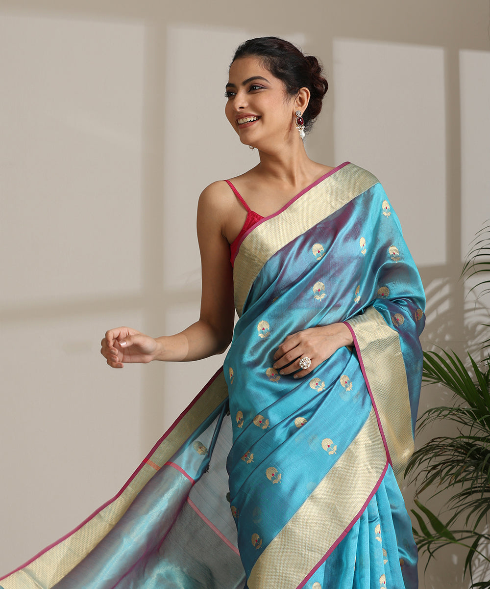 Steel_Blue_Handloom_Pure_Chanderi_Silk_Saree_With_All_Over_Booti_And_Nakshi_Border_WeaverStory01