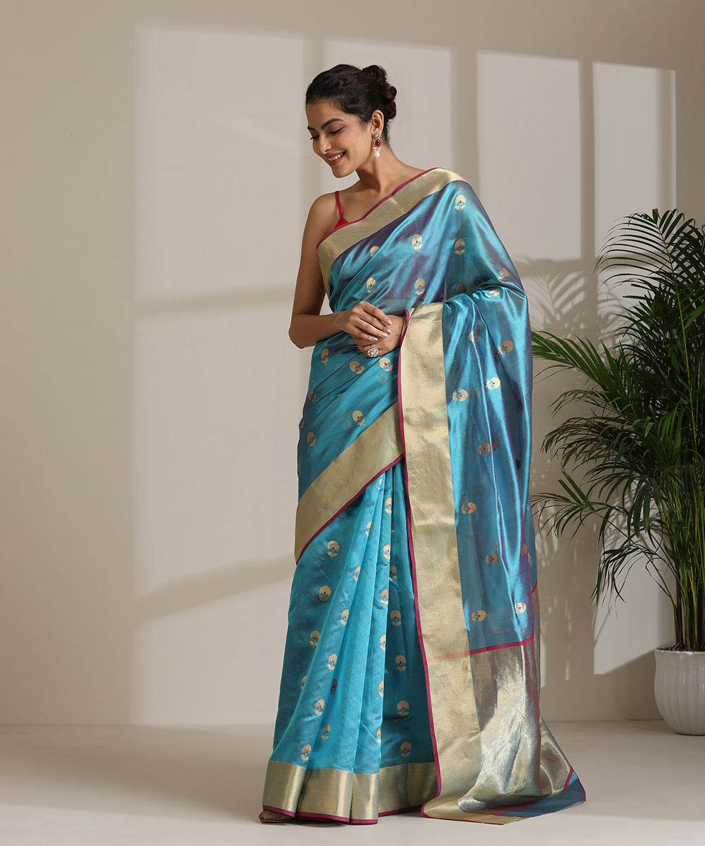 Steel_Blue_Handloom_Pure_Chanderi_Silk_Saree_With_All_Over_Booti_And_Nakshi_Border_WeaverStory02