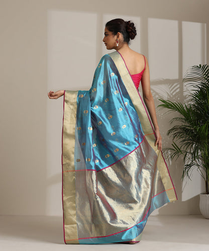 Steel_Blue_Handloom_Pure_Chanderi_Silk_Saree_With_All_Over_Booti_And_Nakshi_Border_WeaverStory03