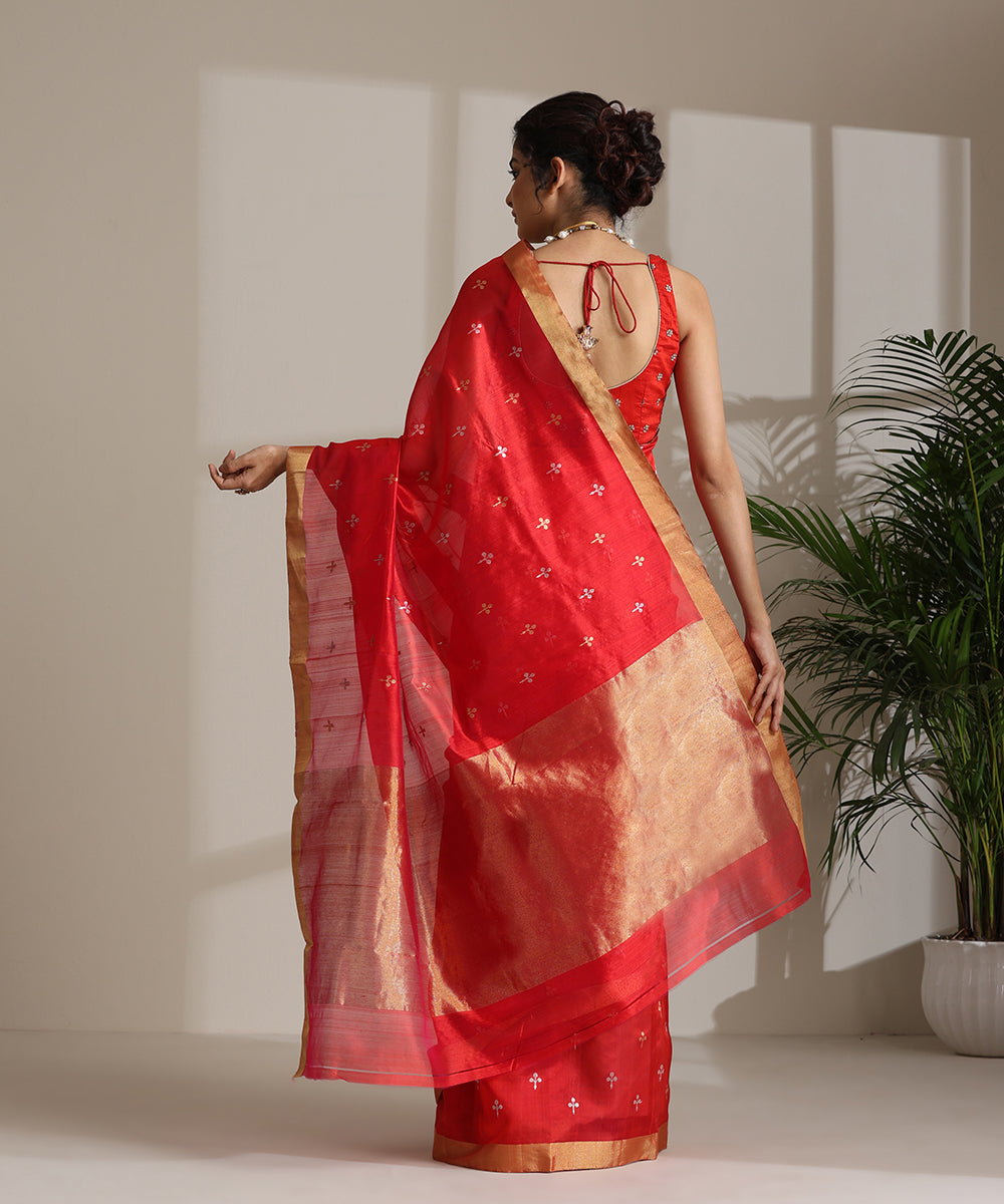 Handloom_Red_Pure_Chanderi_Silk_Saree_With_Sona_Rupa_Booti_And_Tissue_Border_WeaverStory03