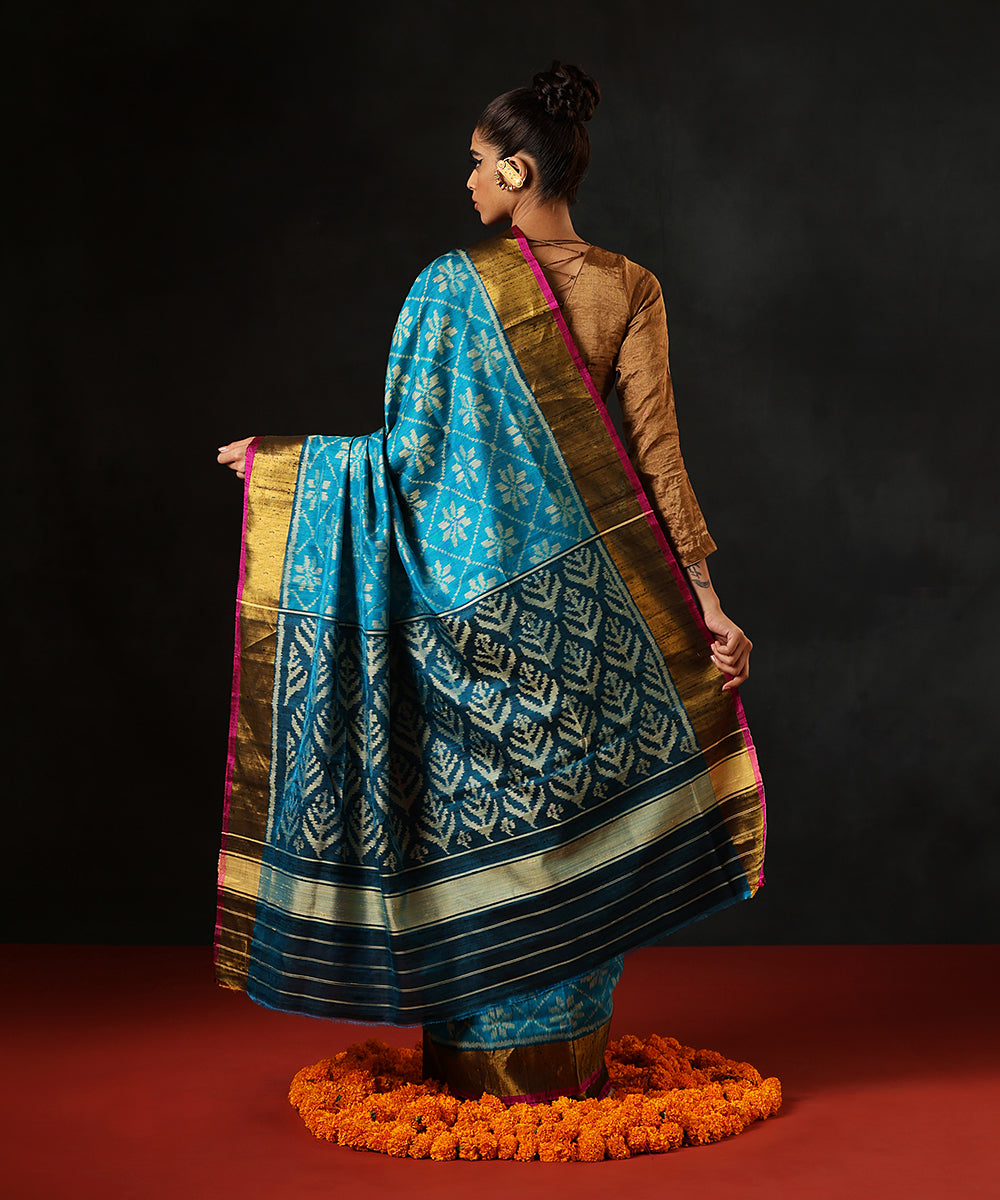 Aqua Blue Handloom Raw Silk Single Ikat Patola Saree With Gold Tissue Border