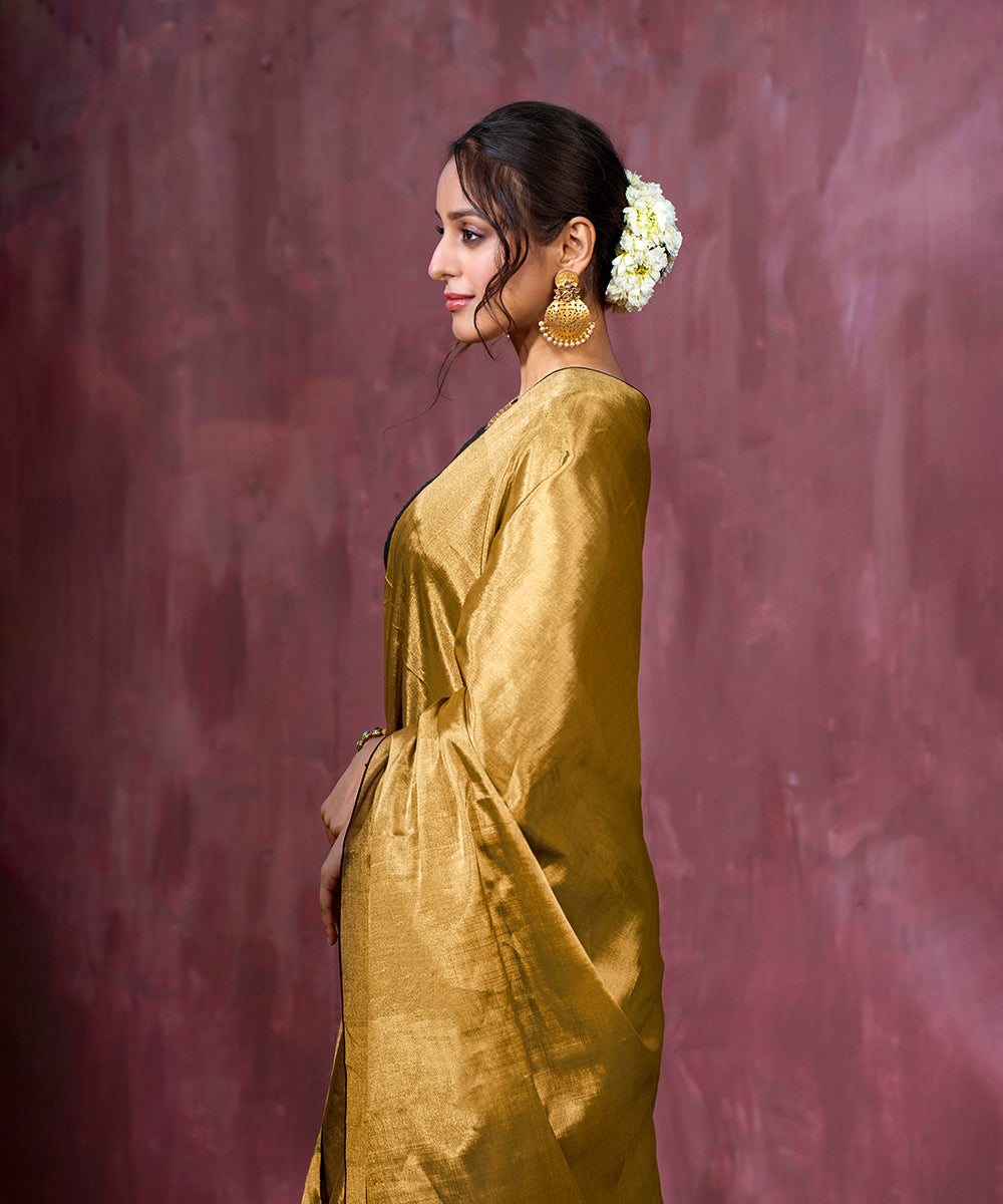 Handloom Dark Gold Tissue Chanderi Silk Saree With Black Thin Woven Border