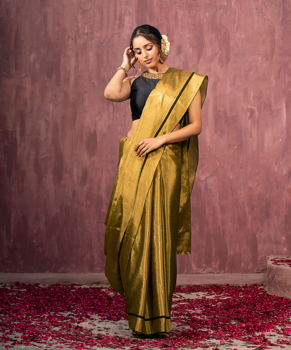 Handloom Dark Gold Tissue Chanderi Silk Saree With Black Thin Woven Border