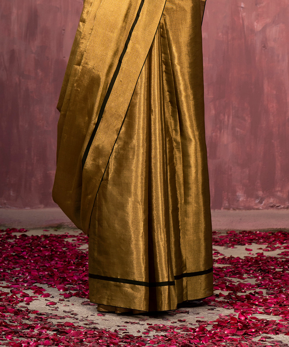 Handloom Dark Gold Tissue Chanderi Silk Saree With Black Thin Woven Border