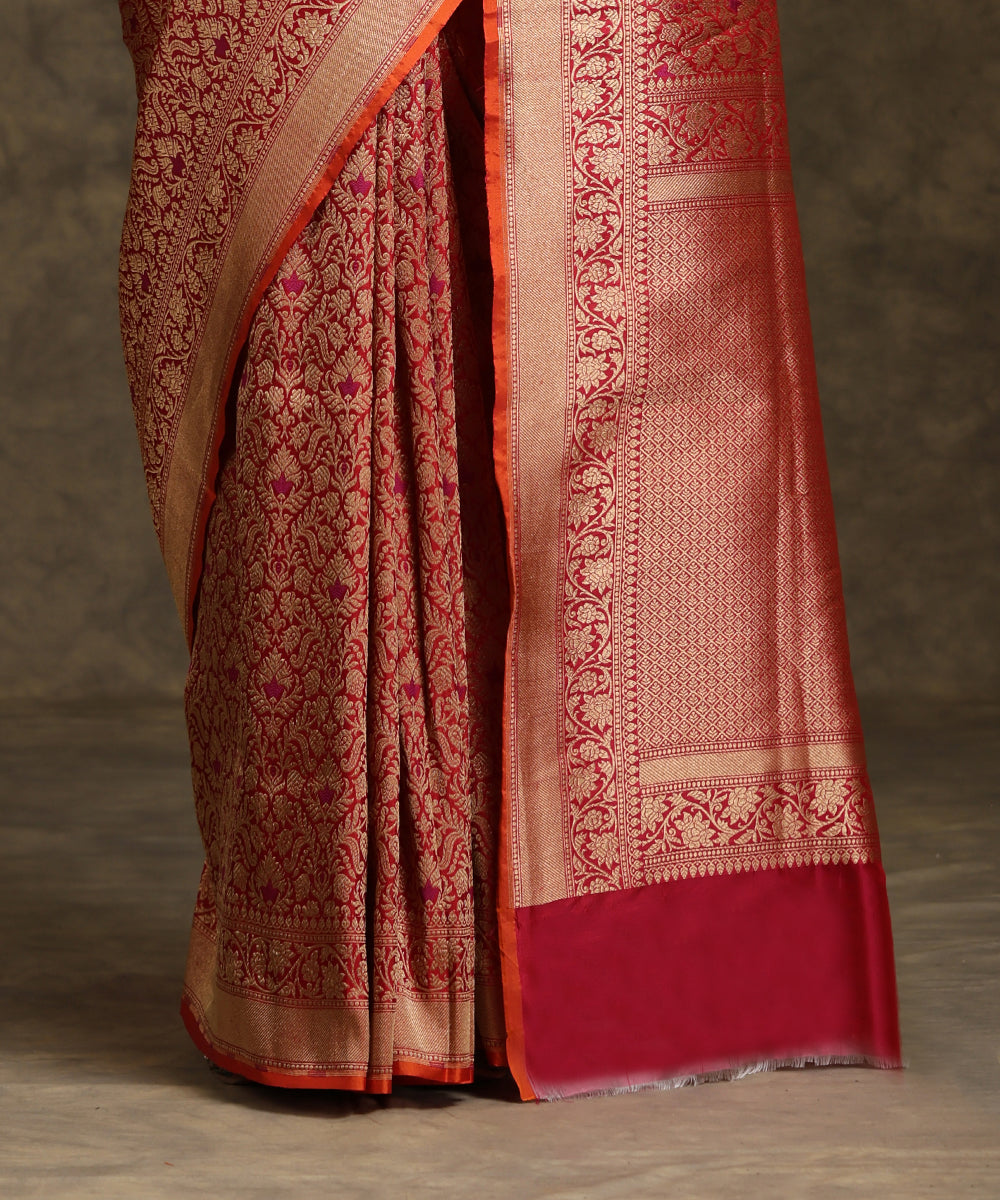 Handloom Red Pure Katan Silk Banarasi Saree With Meena Booti