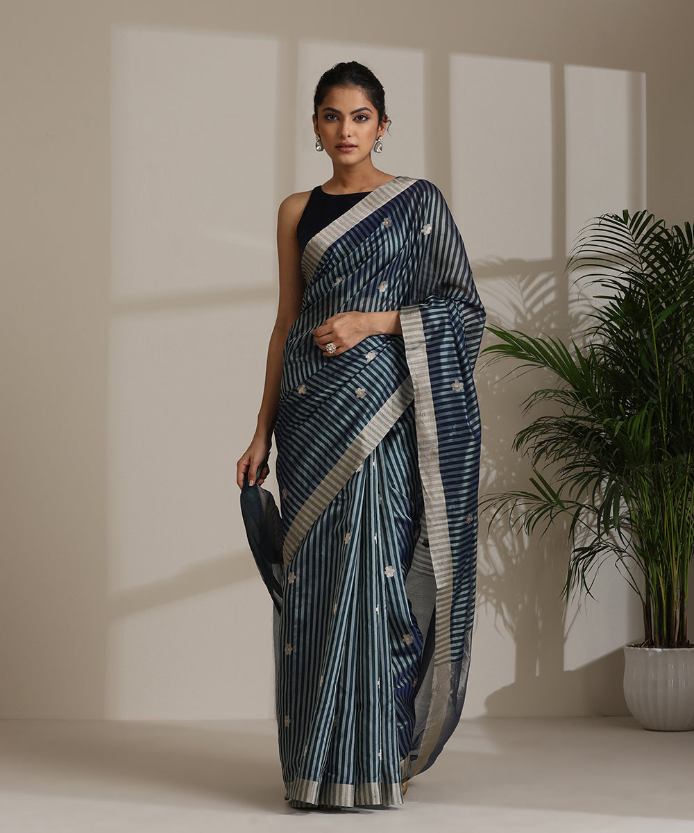 Handloom_Teal_Double_Shade_Silver_Striped_Pure_Chanderi_Silk_Saree_With_All_Over_Flower_Booti_WeaverStory02
